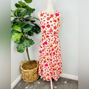 Vintage Bloomingdale’s Silk Red Heart Print Pleated  Midi Shirt Dress